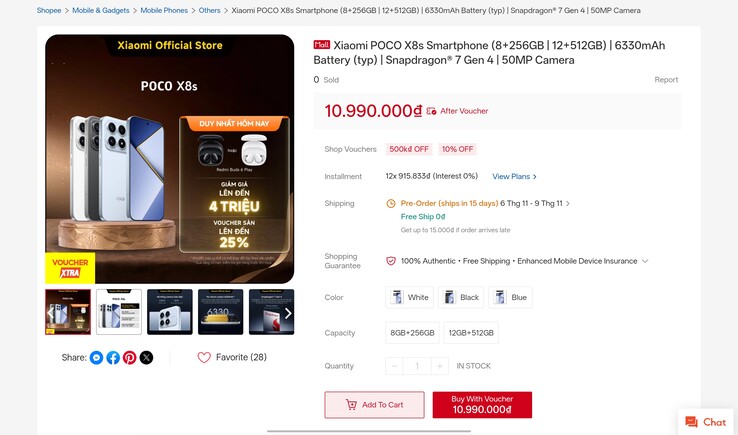 The Poco X8s listing as it appeared on Xiaomi's official Shopee store in Vietnam