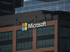 The Microsoft logo/sign on a building
