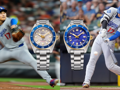 Pictured - the Seiko Prospex SBDC222 and SBDC224 set against two photos of Shohei Ohtani.