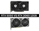 Side-by-side image of Nvidia GeForce RTX 5050 and RTX 3060 12 GB graphics cards (Image Source: Product images via Gigabyte and MSI. Composite created by Anmol Dubey via Notebookcheck).