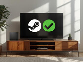 Steam Machine shown in living room with verified logo on screen (Image source: Valve with edits)