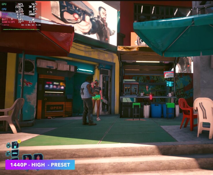 Cyberpunk 2077 running on SteamOS at 1440p using the High preset