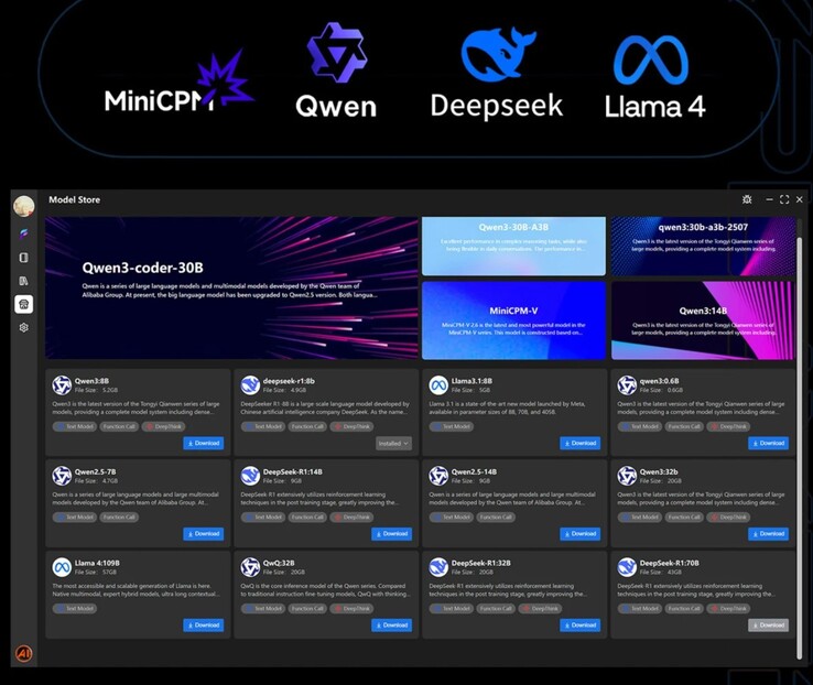 The OneXPlayer X2 Mini Pro PC comes with one-click install for AI models, including DeepSeek, Llama, MiniCPM, and Qwen.