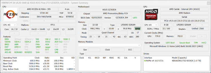 HWiNFO Asus ROG Flow Z13 with Ryzen AI Max+ 395