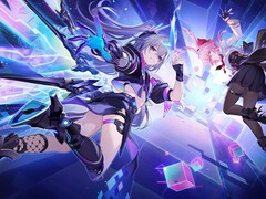 A vibrant, cyberpunk illustration of Honkai characters diving through a neon-lit digital cyberspace.