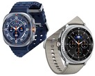 Galaxy Watch Ultra in Titanium Blue (top) and Galaxy Watch 8 Classic in black with Taupe band (edited).