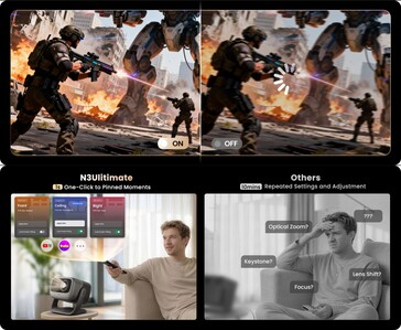 Comparison showing Jmgo N3 Ultimate AI spatial memory and one-click setup versus traditional projector manual adjustments and buffering lag