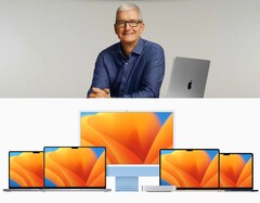 Mac Mini and Mac Studio in short supply for many months to come. Tim Cook and various MacBooks pictured.