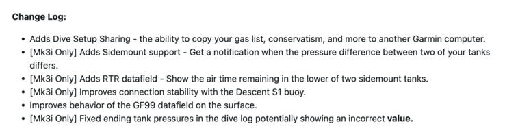 The release notes for Garmin Descent Mk3/Mk3i System Software 25.21
