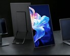 The external monitor can be positioned in multiple ways on a desk.