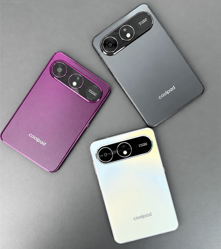 Three Coolpad Cool X Wide phones shown from the rear in purple, gray and white finishes