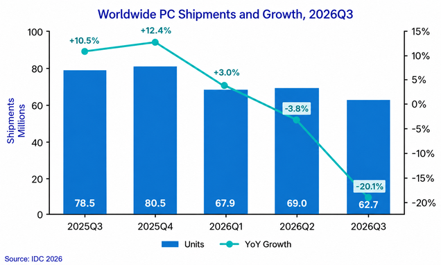 Worldwide PC shipments and year-over-year growth, 2025Q3 to 2026Q3.
