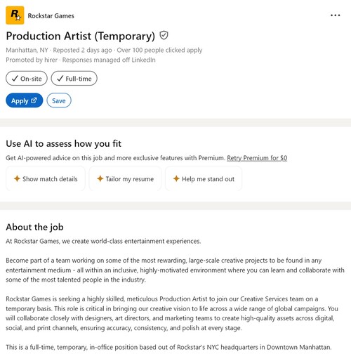 LinkedIn Rockstar Games job ad for production artist shown