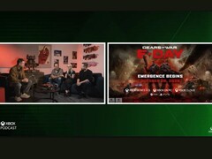 A screengrab of Xbox's podcast showing Gears of War's cover art along with the PS5 logo