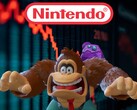 Donkey Kong shown in front of falling Nintendo stock ticker (Image source: Nintendo of America with edits)
