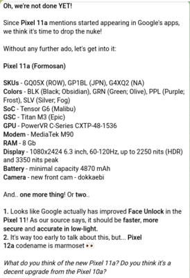 Pixel 11a leaked specs