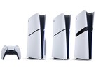 PlayStation DualSense controller, PS5 console with disc drive, Digital Edition PS5, and PS5 Pro (left to right).