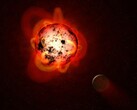 An illustration showing a red dwarf and a planet.
