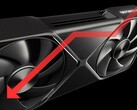 Nvidia RTX 5090 GPU with downward facing arrow to indicate performance drop.