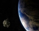 An artist's illustration showing an asteroid close to Earth.