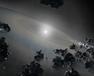 An illustration showing numerous asteroids.