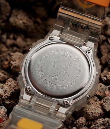 Rear angled view of the transparent G-Shock x Mobile Suit Gundam showing the White Base fleet's Pegasus mark engraved on the case back.