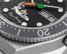 Close-up of the Timex Looney Tunes x M79 Automatic’s black dial, showing Bugs Bunny lounging across the lower half and a carrot-shaped seconds hand at the center.