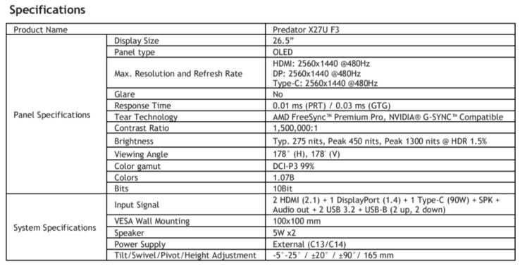 Complete spec sheet (Image source: Acer)
