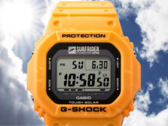 The Casio Surfrider Foundation Japan collaboration watch (pictured) features a bright, sunrise-yellow case and strap made from mixed-color bio-based resin. (Image source: Casio)