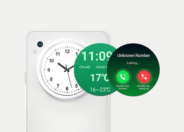 The color display on the back can be used to view notifications and as a viewfinder for the camera.