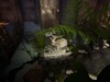 Quill stands on a black and white checkered stone pathway underneath a large green fern branch inside a stone castle corridor.