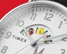 Timex Waterbury Looney Tunes watch shown at an angle, highlighting its polished silver-tone case and white dial with a character disc.