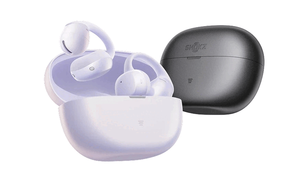 The Shokz OpenDots Air earbuds are available in purple and black.