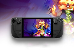 A Steam Deck device on a vibrant background