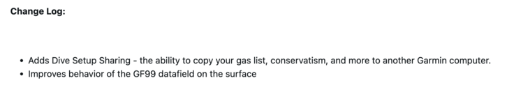 The release notes for software v25.21 for the Garmin Descent G2 dive computer