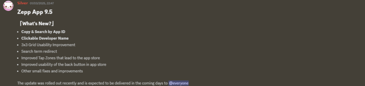 The release notes for Zepp App 9.5. (Image source: Zepp Health via Discord)