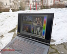 Dim display of the Acer Nitro V 17 in the open