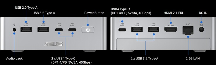 Asus Ascent QN10 mini PC ports - front and rear.