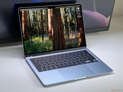 Apple MacBook Air 13 M5 in Sky Blue viewed from the front with the display active