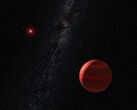 An artist's illustration showing an exoplanet and a red dwarf.