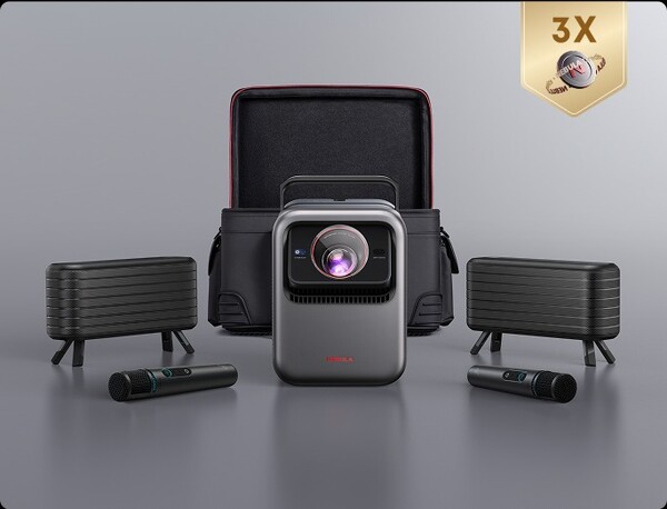 The Anker Nebula bundle includes two wireless speakers, two microphones, and a carrying case. (Image source: Anker Nebula)