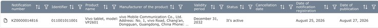 EEC listing for the Vivo Pad FE.