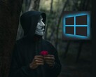 A person wearing a Guy Fawkes mask looking at a Windows logo (Image source: Peakpx and Ahmed Zayan via Unsplash; edited)