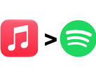 Apple Music logo, a greater-than symbol, and the Spotify logo.