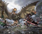 Hunters take on a winged wyvern in co-op combat in Monster Hunter Outlanders.