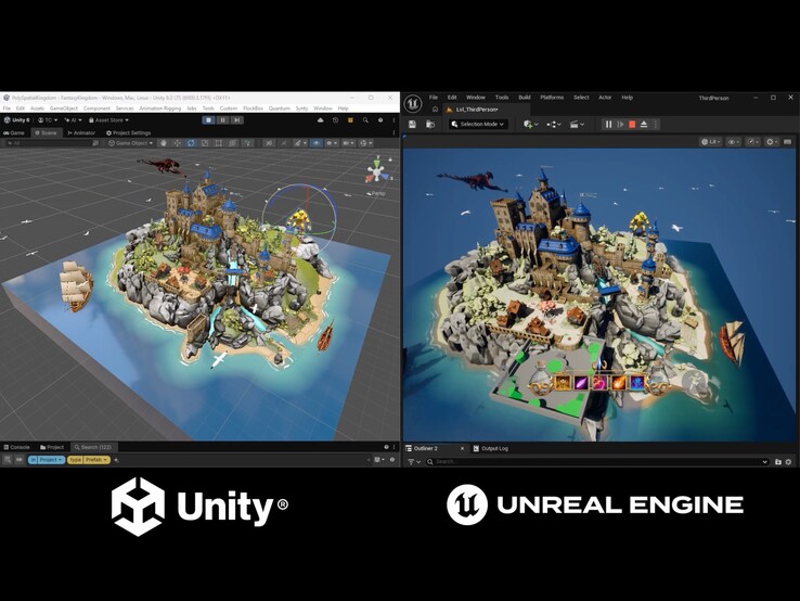 The demo compares the Fantasy Kingdom project running in the Unity Editor with the version rendered by Unreal Engine.