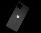 The back of an iPhone with the Apple logo on a black background