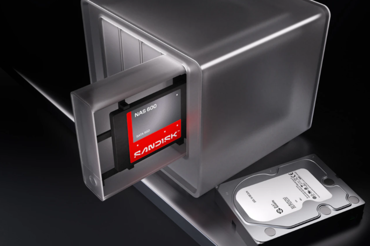Sandisk NAS 600 SATA SSD shown in a NAS drive bay beside a hard drive4