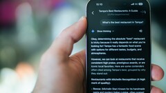 Someone using their phone to find a restaurant using Gemini
