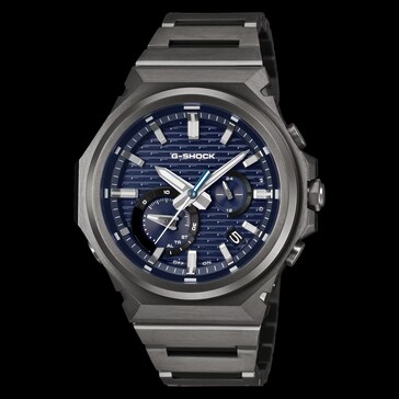 Front view of the G-Shock GST-B1000BD-2A featuring a blue patterned dial, dark stainless steel case, and integrated bracelet.